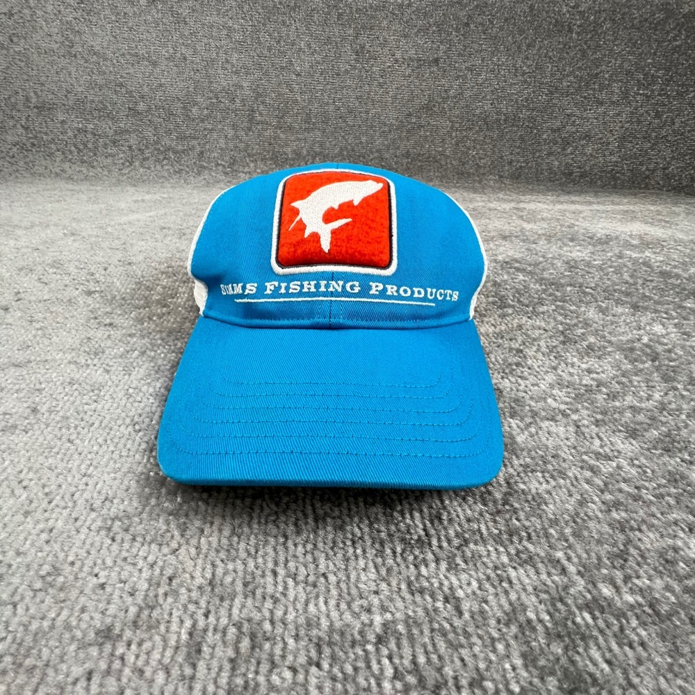 Simms Fishing Products Trucker Hat Blue White Mesh Snapback OSFA Fish Logo Cap